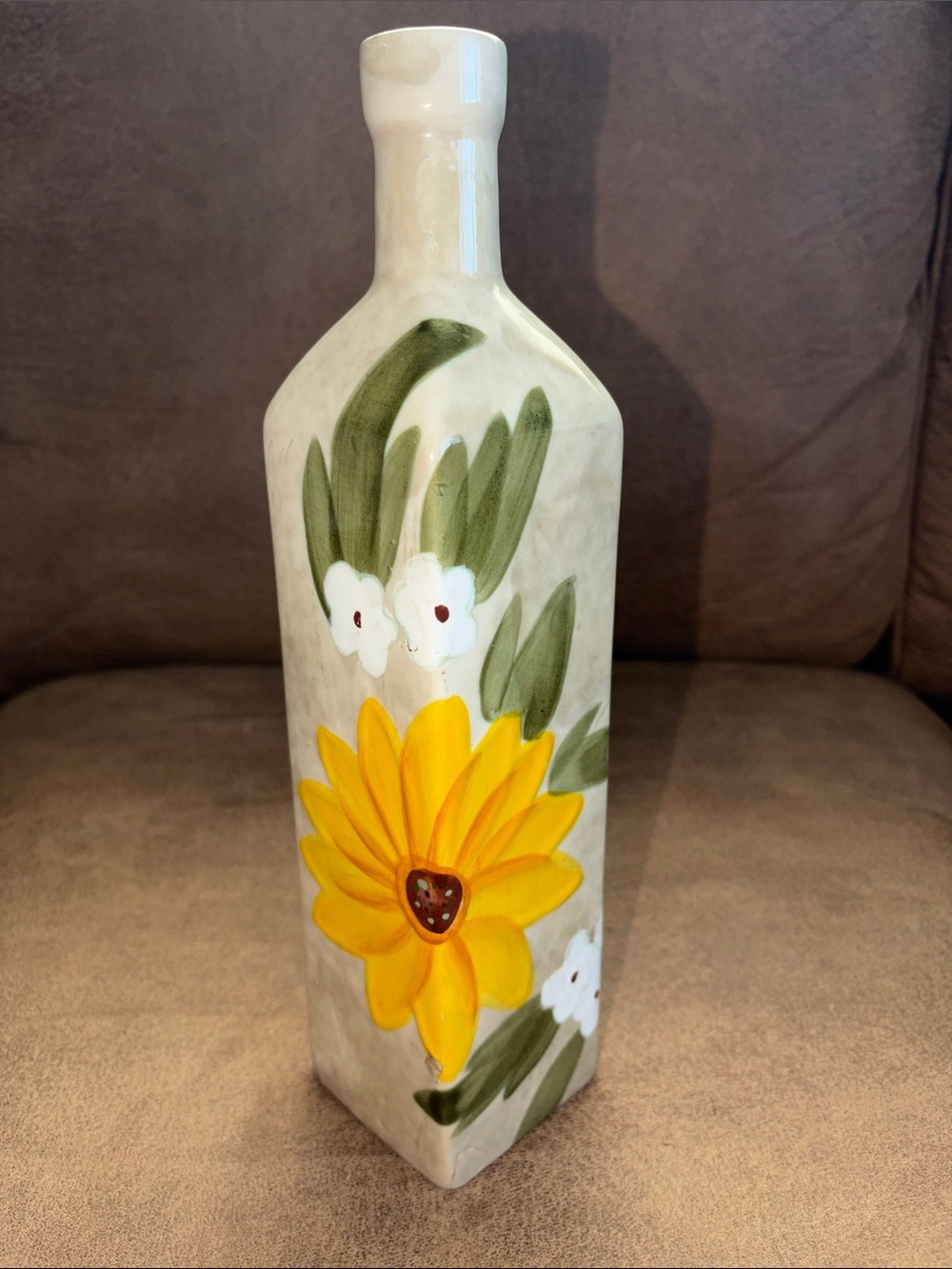 Hand-Painted Floral Ceramic Bottle Vase with Bright Yellow Bloom